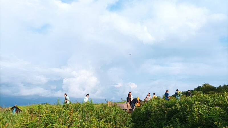 The image shows a group of people standing on a grassy hill under a partly cloudy sky. The people are scattered across the hilltop, some standing and others bending over, possibly engaged in an activity like picking or planting. The landscape is dominated by green vegetation, and the sky features a mix of blue and white clouds, suggesting a bright, possibly breezy day.